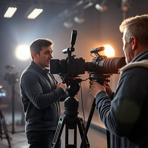 Actor performing in front of a film camera on a studio set, receiving direction from a director.