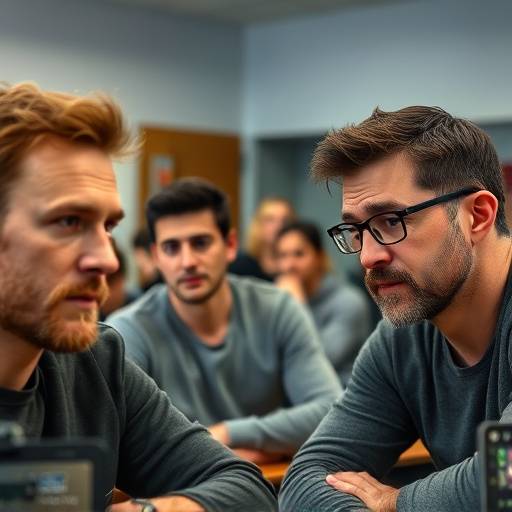 Actors intensely rehearsing a scene in a classroom setting, focusing on emotion and delivery.