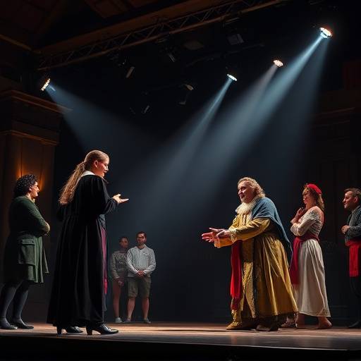 Actors performing a scene from a Shakespearean play on a stage.