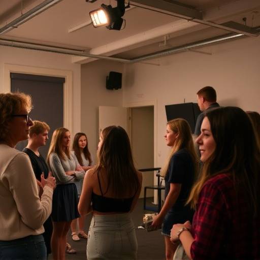 Interior of an acting classroom at Thespian Heights, showing students and an instructor