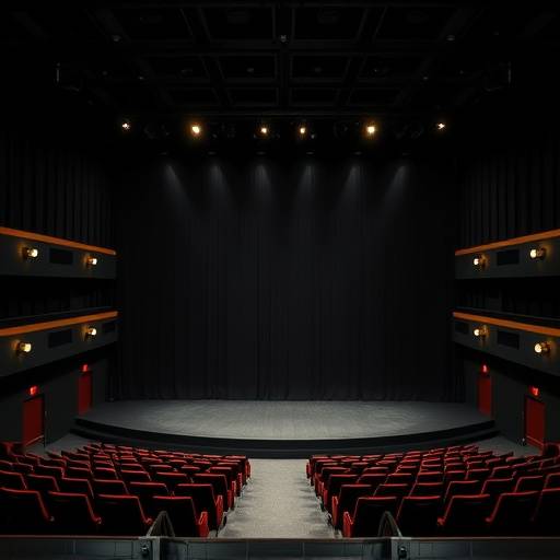 Interior of the black box theater at Thespian Heights, showing stage and seating