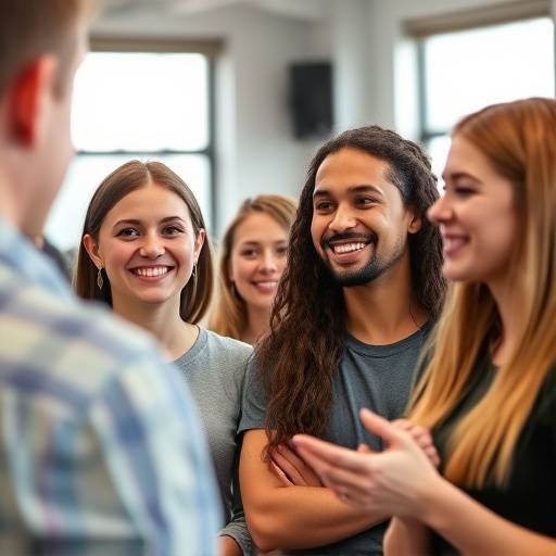 Students participating in an introductory acting exercise, smiling and engaged.